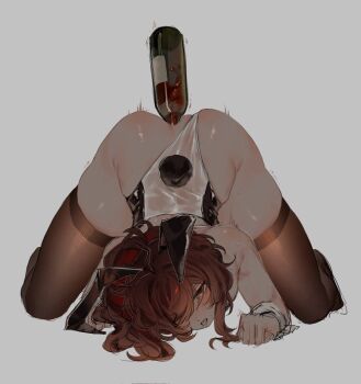 1boy alcohol alcohol_enema anal anal_object_insertion animal_ears black_leotard black_thighhighs bottle crossdressing crossdressing_(mtf) detached_collar diluc_(genshin_impact) enema genshin_impact grey_background hair_between_eyes highres leotard long_hair male_focus male_playboy_bunny object_insertion parted_lips ponytail rabbit_ears red_eyes red_hair red_wine simple_background skindentation sleeveless solo spilling tears teeth thighhighs thighs top-down_bottom-up transparent_leotard wine wine_bottle wrist_cuffs zehuij