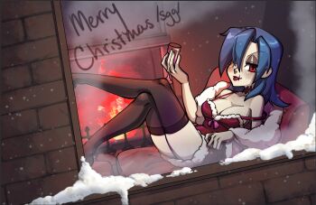 1girl alternate_costume blue_hair blush brick_wall choker christmas commission couch cup drinking_glass dutch_angle fur_trim hair_down half-closed_eyes lace lace_choker legs_up lipstick looking_at_viewer madamerinrin makeup off_shoulder red_eyes red_lips scar scar_on_face scar_on_mouth sitting skullgirls smile snow solo symbol-shaped_pupils thighhighs valentine_(skullgirls) wine_glass