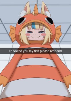 1girl ahoge animal_ear_fluff animal_ears blonde_hair blue_eyes blue_hair cat_ears clownfish fins fish fish_costume fish_girl highres i_showed_you_my_dick_please_respond_(meme) indie_virtual_youtuber long_hair looking_at_viewer meme multicolored_hair sameko_saba sharkudon smile solo streaked_hair striped_clothes virtual_youtuber