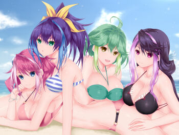 4girls ahoge alternate_breast_size_(larger) bikini blue_eyes bracelet_girls breast_press breasts breasts_on_another&#039;s_back calcio day green_bikini green_eyes green_hair highres hiiragi_yuzu kurosaki_ruri large_breasts long_hair multicolored_bikini multiple_girls outdoors pink_bikini pink_hair ponytail purple_eyes purple_hair quadruplets rin_(yu-gi-oh!) serena_(yu-gi-oh!) siblings sisters striped_bikini striped_clothes swimsuit symmetrical_docking twintails yellow_eyes yu-gi-oh! yu-gi-oh!_arc-v yuri