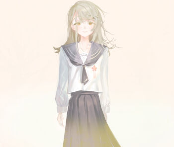 Rule 34 | 1girl, absurdres, flat chest, gakuen idolmaster, grey hair, highres, idolmaster, light smile, long hair, looking at viewer, orange eyes, parted lips, school uniform, serafuku, shinosawa hiro, skirt, solo, superhoikoro