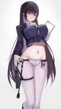 1girl 462vvv absurdres ascot belt black_belt black_boots black_jacket boots breasts brown_eyes brown_hair button_gap cleavage clothes_pull commentary crop_top cropped_jacket earrings epaulettes gloves goddess_of_victory:_nikke grin groin gun hair_between_eyes highres holster holstered id_card jacket jewelry knee_boots large_breasts long_hair long_sleeves looking_at_viewer marciana_(nikke) midriff military_jacket navel navel_piercing pants pants_pull piercing riding_crop sidelocks simple_background skindentation smile solo standing tablet_pc teeth thigh_holster thigh_strap tight_clothes tight_pants weapon white_ascot white_background white_gloves white_pants