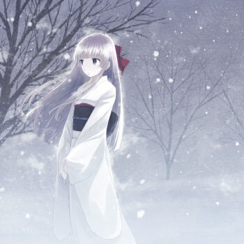 1girl bad_id bad_pixiv_id bow colored_skin dress expressionless female_focus grey_eyes grey_theme hair_bow hime_cut japanese_clothes kimono long_hair original pale_skin sash silver_hair snowing solo tree white_dress white_skin wind winter yakka yuki_onna