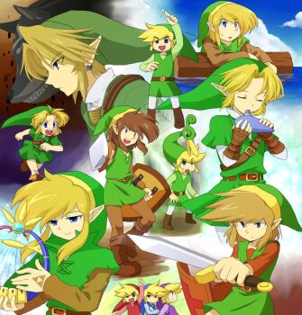 6+boys alternate_costume baton conductor_baton black_eyes blonde_hair blue_eyes brown_hair conductor earrings evolution ezlo gloves hanjuku_tomato harp hat highres holding_sword instrument jewelry left-handed link long_hair male_focus multiple_boys multiple_persona nintendo ocarina pointy_ears shield smile sword the_legend_of_zelda the_legend_of_zelda:_link's_awakening the_legend_of_zelda:_ocarina_of_time the_legend_of_zelda:_the_minish_cap the_legend_of_zelda:_the_wind_waker the_legend_of_zelda:_twilight_princess the_legend_of_zelda_(nes) toon_link weapon wolf young_link zelda_ii:_the_adventure_of_link