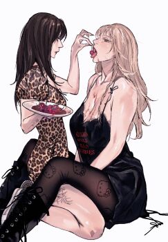 2girls aespa alternate_breast_size arm_tattoo black_dress black_footwear black_nails blonde_hair boots breasts brown_hair cbb_(tuucoo) leopard_print cherry cleavage collarbone dress english_text feeding food fruit grey_eyes grey_footwear hello_kitty hello_kitty_(character) highres holding holding_food holding_fruit holding_plate juice k-pop karina_(aespa) large_breasts leg_tattoo long_hair mole mole_under_mouth multiple_girls nail_polish open_mouth pink_lips plate print_dress real_life red_lips sanrio shoes simple_background sitting sitting_between_lap small_breasts sneakers tattoo tongue tongue_out white_background winter_(aespa) yuri
