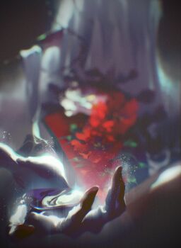 1boy black_gloves blurry charon_(reverse:1999) covered_face dark dark_background depth_of_field fajyobore flower gloves hand_focus hand_up hashtag-only_commentary highres male_focus red_flower reverse:1999 solo upper_body veil white_flower white_veil