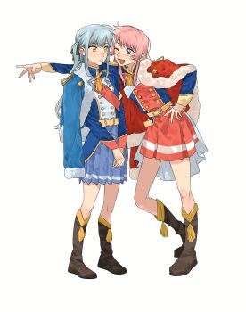 2girls absurdres arm_over_shoulder artist_request bang_dream! bang_dream!_it's_mygo!!!!! belt black_boots black_ribbon blue_hair blue_jacket blue_skirt boots chihaya_anon chinese_commentary commentary_request commission cosplay fang full_body hair_ribbon hand_on_own_hip highres jacket jacket_on_shoulders knee_boots long_hair long_sleeves looking_at_another multiple_girls one_eye_closed open_mouth own_hands_together pink_hair pleated_skirt red_jacket red_sash red_skirt ribbon sash second-party_source shoujo_kageki_revue_starlight shoulder_sash sidelocks simple_background skirt smile standing togawa_sakiko two_side_up white_background yellow_eyes