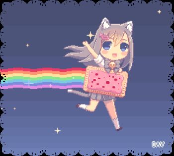 1girl animal_ears animated animated_gif artist_name bell blue_eyes blush_stickers bow bowtie brown_shoes cat_ears cat_girl cat_tail commentary dav-19 deformed english_commentary food full_body grey_hair grey_skirt hair_ornament hairclip happy holding holding_food humanization long_hair lowres neck_bell nyan_cat open_mouth oversized_food oversized_object pop-tarts rainbow running shirt shoes skirt sleeves_rolled_up smile socks solo sparkle tail waving white_shirt white_socks
