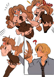 Rule 34 | !, 1girl, ?, absurdres, animal ears, animal hands, ass, black necktie, black thighhighs, blonde hair, blue eyes, blue shirt, blush, breasts, brown hair, buttons, charlotte pudding, cigarette, commentary, curly eyebrows, dog ears, dog girl, dog nose, dog paws, dog tail, english commentary, facial hair, flying sweatdrops, frilled skirt, frills, full-face blush, hair over one eye, highres, juliet sleeves, large breasts, long hair, long sleeves, mouth hold, necktie, one piece, puffy sleeves, ribbon, rita ya, sanji (one piece), shirt, sketch, skirt, sweatdrop, tail, tail grab, thighhighs, twintails