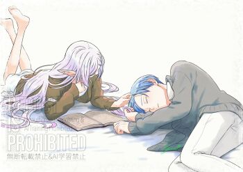 1boy 1girl aruna blue_hair book brown_cardigan cardigan closed_eyes dress elf frieren grey_cardigan grey_hair hand_in_another&#039;s_hair hetero highres himmel_(sousou_no_frieren) long_hair looking_at_another lying on_side open_book pants parted_bangs pointy_ears reading short_hair signature sleeping sousou_no_frieren white_background white_dress white_pants