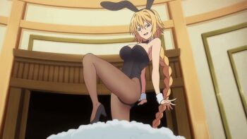 animal_ears animated animated_gif blonde_hair blue_eyes bow bowtie braid breasts brown_legwear cake danchou_arthur detached_collar fake_animal_ears food han-gyaku-sei_million_arthur hanging_legs high_heels kicking large_breasts legs million_arthur_(series) pantyhose playboy_bunny rabbit_ears single_braid smug swinging_legs tagme wrist_cuffs