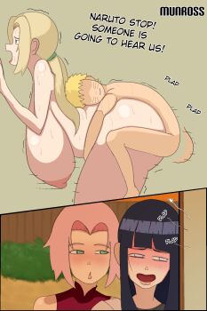 1boy 3girls age_difference black_hair blonde_hair breasts brown_eyes byakugan completely_nude doggystyle english_text grabbing_from_behind green_eyes haruno_sakura highres huge_breasts hyuuga_hinata multiple_girls munross naruto_(series) naruto_shippuuden nipples nude open_mouth pink_hair sex sex_from_behind shota size_difference smile sweat tsunade_(naruto) twintails uzumaki_naruto