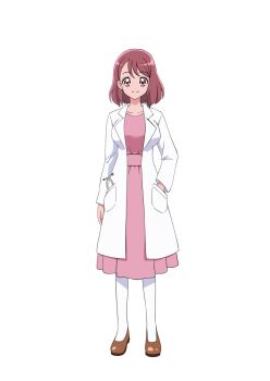 1girl @est@ aged_up anime_coloring arm_at_side breasts closed_mouth coat collarbone commentary_request dress full_body hanadera_nodoka hand_in_pocket healin'_good_precure highres lab_coat large_breasts long_sleeves looking_at_viewer medium_hair pantyhose pen pink_dress pink_eyes pink_hair pocket precure red_hair shoes short_hair smile solo standing transparent_background white_pantyhose