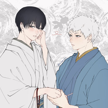 2boys alternate_costume black_hair blush commentary_request grey_eyes hand_grab highres hikaru_ga_shinda_natsu indou_hikaru japanese_clothes male_focus mole mole_on_cheek mole_on_neck mole_under_eye mole_under_mouth multiple_boys multiple_moles nose_blush red_pupils short_eyebrows short_hair slit_pupils sono_nu tsujinaka_yoshiki twitter_username upper_body white_hair yaoi