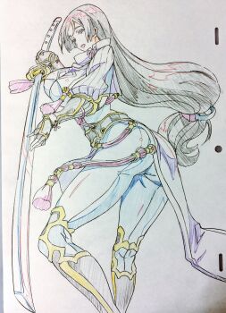 Rule 34 | 1girl, armor, ass, black gloves, black hair, bodysuit, breasts, commentary request, elbow gloves, fate/grand order, fate (series), fingerless gloves, gloves, grey eyes, highres, japanese armor, katana, kote, large breasts, long hair, looking at viewer, minamoto no raikou (fate), minamoto no raikou (first ascension) (fate), open mouth, parted bangs, pelvic curtain, purple bodysuit, ribbed sleeves, rope, sharekoube, smile, solo, sword, tabard, tassel, traditional media, very long hair, weapon