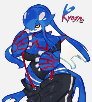 black_sclera blue_hair blue_skin breasts cleavage colored_sclera colored_skin fins gen_3_pokemon highres kyogre large_breasts legendary_pokemon leotard long_hair looking_at_viewer multicolored_hair nintendo off_shoulder pokemon pokemon_(creature) red_markings suspenders thick_thighs thighs togetoge white_hair wide_hips yellow_eyes