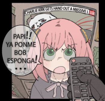 1girl 2boys anya_(spy_x_family) black_gloves charlie_kirk child commentary controller death english_commentary english_text engrish_text furrowed_brow gloves green_eyes holding holding_remote_control indoors looking_at_viewer mixed-language_text multiple_boys news open_mouth pantsu-ripper pink_hair pov ranguage real_life remote_control short_hair spanish_text speech_bubble spy_x_family television translation_request twilight_(spy_x_family)