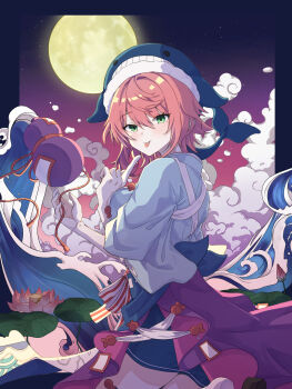 Rule 34 | 1girl, :p, absurdres, animal hat, apron, blue apron, blue hat, blue shirt, blush, bud, commentary request, flower, foaming waves, from behind, full moon, gourd, green eyes, hands up, hat, highres, index finger raised, looking at viewer, looking back, lotus, lotus leaf, medium hair, moon, okunoda miyoi, pink flower, pink hair, pink skirt, revision, shirataki oden2, shirt, skirt, sky, smile, solo, star (sky), starry sky, tongue, tongue out, touhou, waving, whale hat