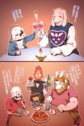 artist_request asgore_dreemurr blonde_hair character_request frisk_(undertale) goat grillby japanese_text papyrus_(undertale) sans_(undertale) skeleton text_focus toriel translation_request undertale utdr_(toby_fox)