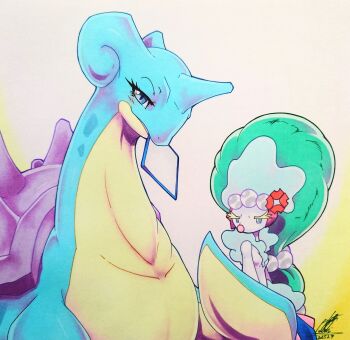 Rule 34 | 025aki, absurdres, anger vein, blue eyes, blue skin, colored skin, commentary request, gen 1 pokemon, gen 7 pokemon, highres, lapras, looking at viewer, mouth hold, multicolored skin, nintendo, pokemon, pokemon (creature), primarina, signature, two-tone skin, yellow skin