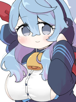 1girl ako_(blue_archive) bell black_gloves black_hairband black_jacket blue_archive blue_hair blush_stickers breasts closed_mouth gloves grey_eyes hair_between_eyes hairband half_gloves halo hand_up jacket large_breasts miranofuudoria neck_bell shirt sideboob simple_background smile solo upper_body white_background white_shirt