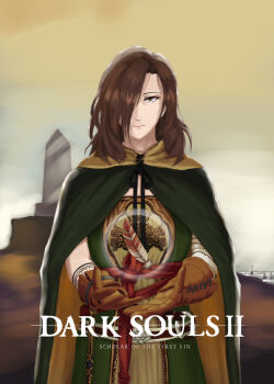 1girl brown_eyes brown_gloves brown_hair cloak closed_mouth commentary_request copyright_name dark_souls_(series) dark_souls_ii day dress emerald_herald expressionless feathers gloves green_cloak green_dress hair_over_one_eye hood hood_down hooded_cloak in-universe_location looking_at_viewer medium_hair outdoors pillar sky solo upper_body vittorio_veneto_(fayuuka) yellow_sky