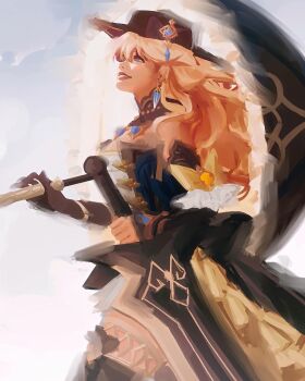 1girl black_dress black_gloves blonde_hair blue_eyes brooch commentary dress elbow_gloves english_commentary from_side genshin_impact gloves grin hat highres holding holding_sword holding_umbrella holding_weapon jewelry layered_dress long_hair navia_(genshin_impact) nekrottt parasol smile solo sword umbrella very_long_hair weapon