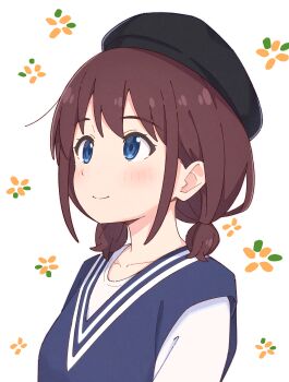 1girl absurdres black_hat blue_eyes blue_vest blush collarbone commentary_request from_side girls_band_cry hair_between_eyes hat highres iseri_nina looking_ahead low_twintails medium_hair mimori_(mimori_05) red_hair shirt short_twintails sidelocks simple_background smile solo t-shirt twintails upper_body vest white_background white_shirt