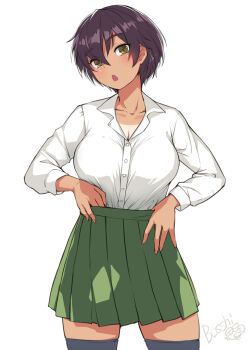 1girl bosshi breasts brown_hair cleavage dark-skinned_female dark_skin female_focus futabu highres itou_aya large_breasts looking_at_viewer shirt short_hair skirt solo standing tan tanline thighhighs tomboy white_shirt yellow_eyes
