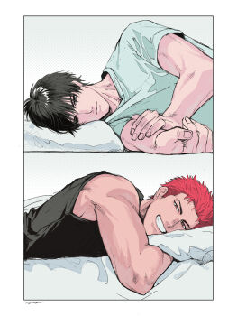 2boys a_nzi_end absurdres black_eyes black_hair black_shirt blue_shirt closed_mouth commentary_request grin highres implied_yaoi looking_at_another lying male_focus multiple_boys muscular on_side pillow red_hair rukawa_kaede sakuragi_hanamichi shirt short_hair slam_dunk_(series) smile