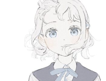 1girl blue_eyes blue_ribbon blush closed_mouth collared_shirt commentary_request floating_hair gakuen_idolmaster grey_hair hatsuboshi_gakuen_school_uniform highres idolmaster katsuragi_lilja looking_at_viewer neck_ribbon portrait ribbon school_uniform shirt short_hair simple_background smile solo tenohira_(tenoo) white_background white_shirt