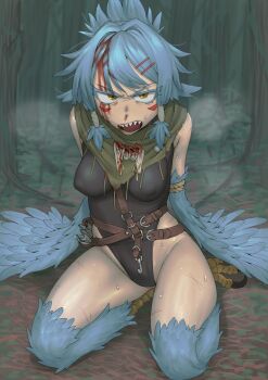 1girl absurdres arrow_(projectile) black_leotard bleeding blood blood_from_forehead blue_hair breasts captured clawed_feet claws covered_erect_nipples dark-skinned_female dark_skin forest full_body furrowed_brow hair_intakes harpy heavy_breathing highres homeerosu injury jewelry leotard looking_at_viewer medium_breasts monster_girl nature necklace nosebleed open_mouth original quiver restrained scar scar_on_leg scar_on_shoulder seiza severed_ear sharp_teeth sitting solo sweat teeth yellow_eyes