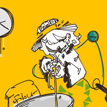 Rule 34 | 1girl, 3ma can omochi, blouse, broken, clock, cooking, egg, english text, eyeball, frilled sleeves, frills, hat, highres, komeiji koishi, limited palette, ribbon, shirt, short hair, solo, touhou, triangle, yellow background