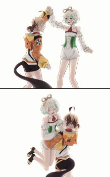 Rule 34 | absurdres, ahoge, ascot, black shorts, brown hair, cecilia immergreen, cecilia immergreen (1st costume), colored inner hair, commentary, detached collar, detached sleeves, doll joints, english commentary, gigi murin, gigi murin (1st costume), green eyes, green hair, grey hair, highres, hololive, hololive english, hood, hoodie, joints, lifting person, multicolored hair, multiple girls, open mouth, orange hoodie, pink eyes, red ascot, short hair, shorts, smile, streaked hair, tail, twintails, two-tone hair, virtual youtuber, winding key, zaobanmeiling