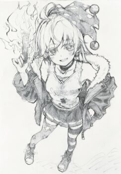 1girl absurdres alternate_costume asymmetrical_legwear blush carbohydrate_(asta4282) choker clothes_writing clownpiece commentary_request earrings greyscale hand_in_pocket hat highres holding holding_torch jacket jester_cap jewelry looking_at_viewer mismatched_legwear mismatched_thighhighs monochrome open_clothes open_jacket open_mouth polka_dot_headwear print_thighhighs shirt shoes sleeveless sleeveless_shirt smile solo star_(symbol) star_print striped_clothes striped_thighhighs thighhighs torch touhou traditional_media