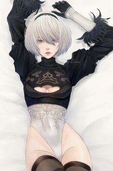 Rule 34 | 1girl, 2b (nier:automata), arm up, black dress, black gloves, blindfold, breasts, cleavage cutout, clothing cutout, commentary, covered eyes, cowboy shot, dress, facing viewer, feather-trimmed sleeves, gloves, gluteal fold, grey hair, groin, highres, juliet sleeves, leotard, leotard under clothes, long sleeves, medium breasts, mitsuki nite, mole, mole under mouth, nier:automata, nier (series), parted lips, puffy sleeves, short hair, side slit, simple background, solo, standing, sword, twitter username, virtuous treaty, weapon, white background, white leotard