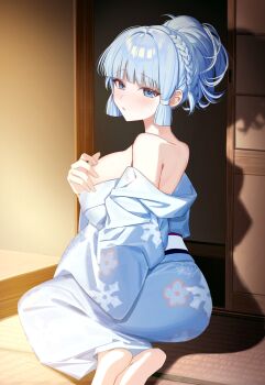1girl alternate_costume alternate_hairstyle ayaka_(genshin_impact) barefoot blue_eyes blue_hair blue_kimono blunt_tresses blush breasts commentary_request covering_nipples covering_privates fingernails from_side genshin_impact hair_up hand_up highres indoors japanese_clothes kimono large_breasts looking_at_viewer looking_to_the_side off_shoulder parted_lips short_hair sitting solo syandega turning_head yokozuwari