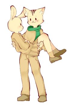 1boy 1girl brown_pants carrying cat dabi_(tms_an) doki furry green_scarf hetero highres nabi pants princess_carry rabbit scarf shoes simple_background smile standing there_she_is!! white_background