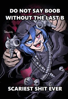 1girl absurdres alternate_costume bird black_hoodie blue_eyes blue_hair bright_pupils commentary english_commentary english_text gun heterochromia highres holding holding_gun holding_weapon hood hoodie image_macro_(meme) karebu52 meme open_mouth red_eyes short_hair skull solo tatara_kogasa teeth touhou weapon white_pupils