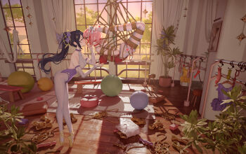 Rule 34 | 2girls, absurdres, arms behind back, ball gag, ballet slippers, bdsm, black hair, bondage, bound, butt plug, character request, collarbone, commentary request, copyright request, dildo, drooling, egg vibrator, gag, gagged, highres, hogtie, indoors, koala-mitsuri, leotard, long hair, multiple girls, pantyhose, pink hair, ponytail, purple leotard, pussy juice, red leotard, restrained, reverse prayer, sex toy, shibari, shibari over clothes, suspension, vibrator, white pantyhose, wiffle gag, yuri