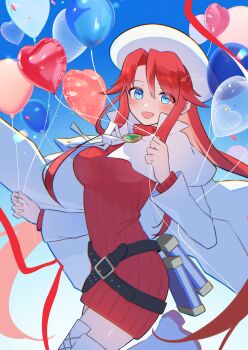 1girl absurdres aty_(summon_night) balloon beret blue_eyes blush boots breasts commentary_request hat heart_balloon highres large_breasts long_hair long_sleeves open_mouth poison_corail red_hair red_sweater summon_night summon_night_3 sweater thigh_boots thighs twitter_username white_boots white_hat