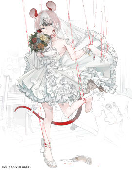 1girl absurdres alternate_costume animal_ears barefoot black_hair blood blood_splatter blue_eyes bouquet bow bracelet breasts bridal_veil cleavage commentary couch dress feet flower hakos_baelz high_heels highres hololive hololive_english insole jewelry key medium_breasts mouse_ears mouse_tail multicolored_hair official_art pout puppet_strings red_hair short_hair spiked_bracelet spikes standing standing_on_one_leg string string_around_ankle string_around_finger string_around_neck string_around_wrist string_of_fate stuffed_animal stuffed_toy tail tail_bow tail_ornament teddy_bear toes toro3 veil virtual_youtuber wedding_dress white_background white_hair