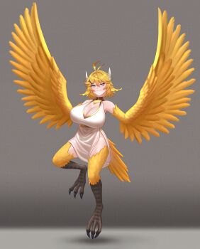 absurdres antenna_hair bare_shoulders bird_legs bird_tail blonde_hair breasts cipher4109 cleavage commentary digitigrade dokibird fang fang_out feather_hair feather_hair_ornament feathered_wings feathers green_eyes grey_background hair_between_eyes hair_flaps hair_ornament hairclip harpy highres indie_virtual_youtuber large_breasts leg_up looking_at_viewer medium_hair monster_girl robe skin_fang slit_pupils spread_wings tail talons thick_thighs thighs virtual_youtuber white_robe winged_arms wings yellow_feathers