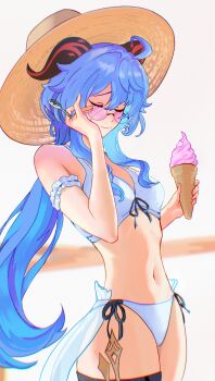Rule 34 | 1girl, absurdres, arm cuffs, bikini, blue hair, commentary, english commentary, food, frilled arm cuffs, ganyu (genshin impact), genshin impact, glasses, hat, highres, holding, holding food, holding ice cream, holding spoon, ice cream, long hair, pink-framed eyewear, solo, spoon, straw hat, swimsuit, white bikini, zoekiel feux3538