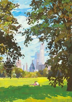 1boy 1girl artist_name blue_pants blue_sky bottle brown_hair chinese_commentary cloud commentary_request couple day dress faceless faceless_female faceless_male field food fruit fruit_background full_body hetero highres holding holding_food holding_ice_cream holding_ice_cream_cone huahua_de_taoran ice_cream ice_cream_cone long_dress long_hair on_blanket original outdoors pants park picnic pink_dress plate shade shirt short_hair short_sleeves sitting sky t-shirt tree watermelon watermelon_slice white_shirt wide_shot wine_bottle