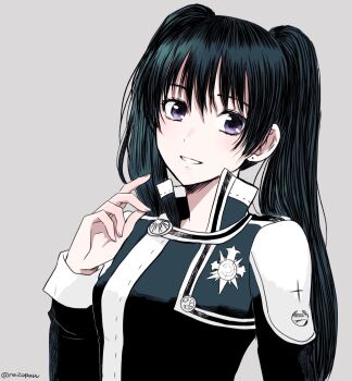 1girl black_hair black_jacket black_order_uniform collared_jacket cross d.gray-man earrings emblem grey_background hair_between_eyes hand_up highres jacket jewelry lenalee_lee long_hair long_sleeves looking_at_viewer nazopau parted_bangs parted_lips purple_eyes sidelocks signature simple_background smile solo striped_clothes striped_jacket stud_earrings twintails twitter_username upper_body vertical-striped_clothes vertical-striped_jacket very_long_hair