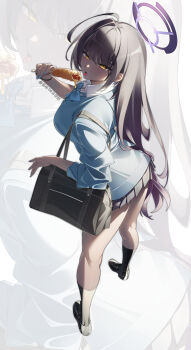 1girl absurdres aqua_bow aqua_bowtie black_hair black_socks blue_archive blue_bow blue_sweater bow bowtie breasts commentary_request corn_dog dark-skinned_female dark_skin food full_body halo highres holding holding_food karin_(blue_archive) karin_(school_uniform)_(blue_archive) large_breasts legs long_hair looking_at_viewer looking_back miniskirt purple_halo school_uniform shirt signature skirt socks sweater thighs tongue tongue_out white_shirt yellow_eyes yeyoutiangong