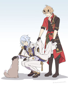 2boys =_= ahoge armor asymmetrical_armor asymmetrical_hair black_armor black_footwear black_gloves black_headband black_jacket black_shirt black_vest blonde_hair blue_background blue_hair boots closed_eyes dog dog_tags fake_horns fingerless_gloves genshin_impact gloves gold_trim gradient_background grey_pants hair_between_eyes hair_ribbon headband highres horned_headwear horns jacket japanese_armor kamisato_ayato long_sleeves male_focus medium_hair multicolored_jacket multiple_boys open_mouth pants petting ponytail purple_shirt red_jacket red_ribbon ribbon shirt shoes shoulder_armor simple_background single_sode sleeves_rolled_up smile sode soranomonooki squatting standing thoma_(genshin_impact) twitter_username two-tone_jacket vest white_background white_jacket white_pants