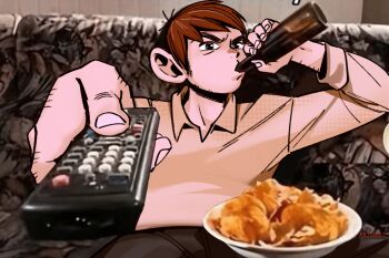 1boy aatom87 arm_hair artist_name beer_bottle black_eyes bottle brown_hair chilchuck_tims commentary contemporary controller couch drinking dungeon_meshi english_commentary hand_hair holding holding_bottle holding_remote_control male_focus man_watching_tv_(meme) meme photo-referenced photo_background remote_control sitting solo upper_body v-shaped_eyebrows