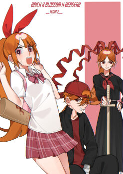 1boy 2girls angry backwards_hat bandage_on_face bandaged_hand bandages baseball_bat baseball_cap berserk_(ppg) black_shirt black_skirt blood bloody_weapon blossom_(ppg) brick_(ppg) collared_shirt earrings english_text eyelashes hair_ornament hair_over_one_eye hair_ribbon hat heart heart_earrings highres jewelry long_ribbon long_skirt messy_hair multiple_girls orange_hair parted_bangs pink_eyes plaid_clothes plaid_ribbon plaid_skirt pleated_skirt ponytail popotpat powerpuff_girls red_eyes red_headwear red_ribbon red_shirt red_skirt ribbon school_uniform shirt shouting side_eye simple_background skirt sparkle sweatdrop sword weapon white_shirt wooden_sword